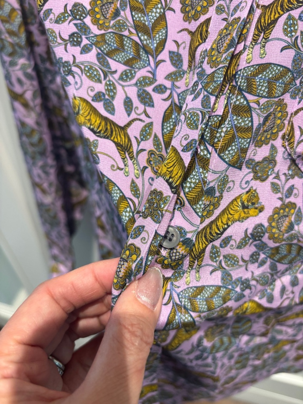 J. Crew Lavender Button-Down Shirt with Tiger and Green and Gold Botanical Print - Picture 3 of 6